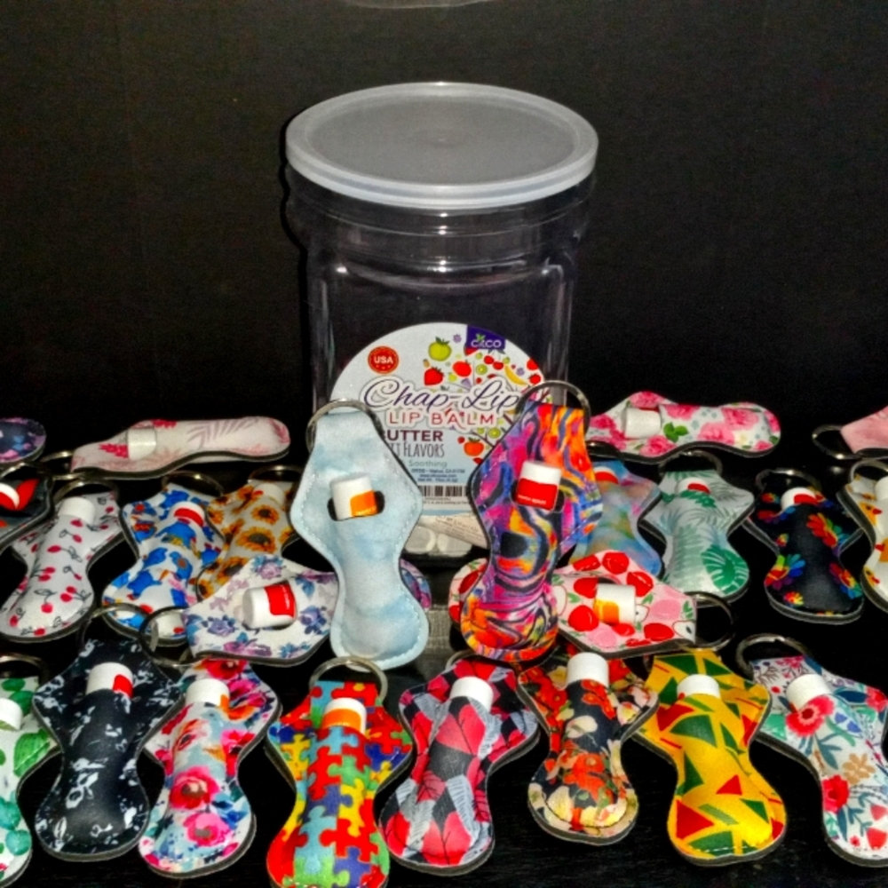Lot of 3 Lip Balms in printed key ring holder!